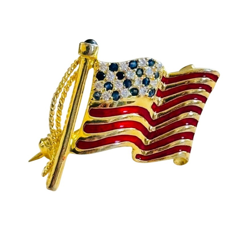 USA Flag Pin Diamond Sapphire Stauer 925 Sterling Silver 14k Gold Plate American